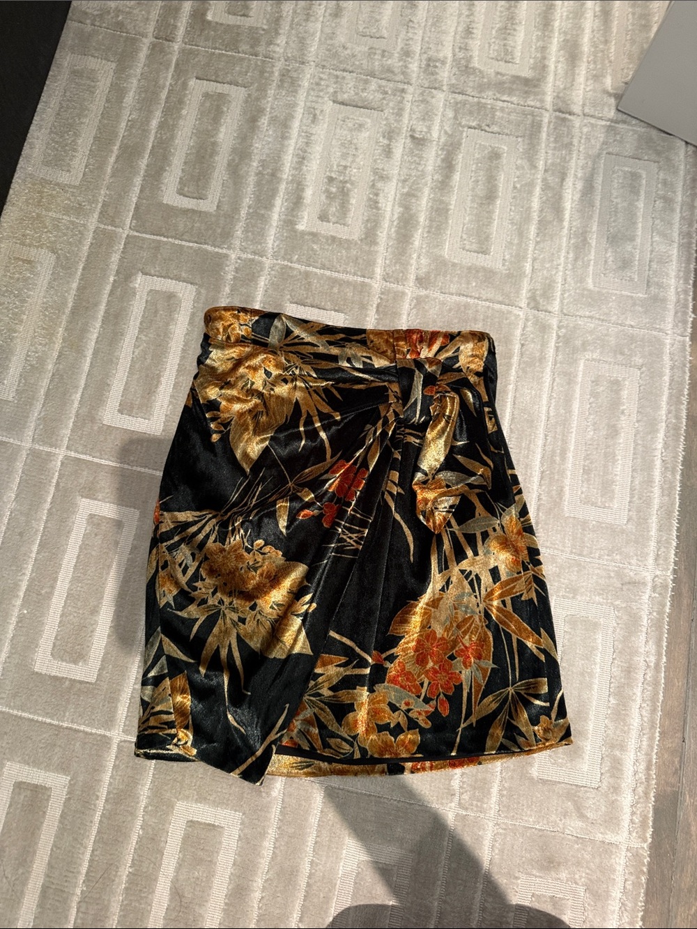 Zara Black Velvet Floral Wrap Mini Skirt with Gold and Rust Accents